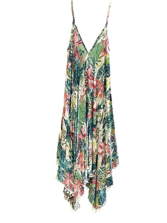 Japna Other - Japna‎ Goa Tropical Asymmetric Maxi Dress in Green, Pink & Cream with Pom poms